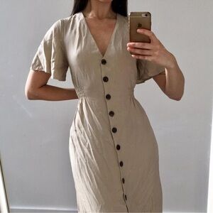 Zara Tan Button-Front V-Neck Midi Dress